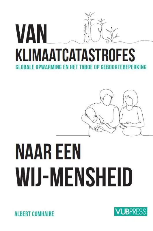 Witte boekcover met zwarte en turquoise tekst en minimalistische lijntekeningen van een gezin van klimaatcatastrofes naar een wij-mensheid