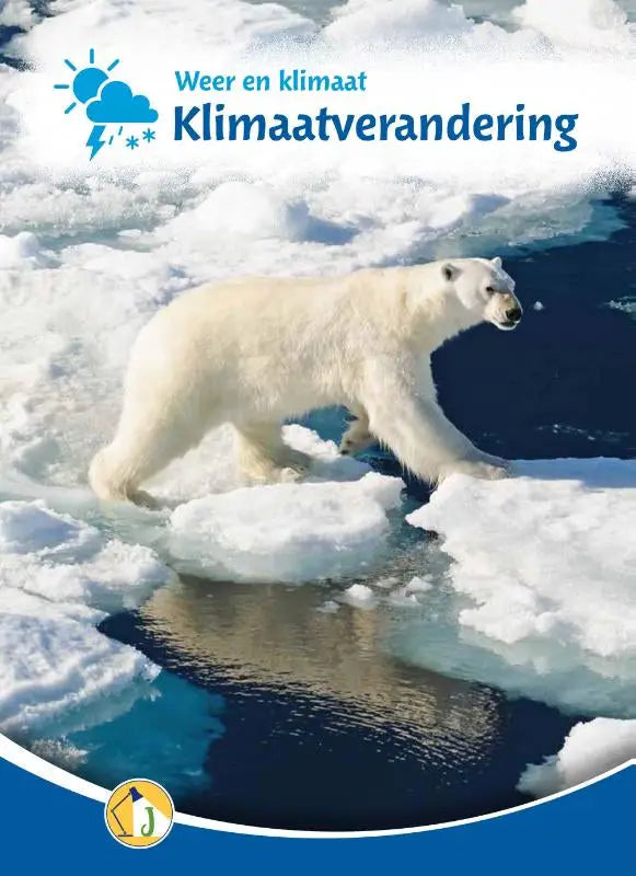 Een witte ijsbeer op drijvend ijs in een blauwe oceaan bij het educatieve boek klimaatverandering van geert-jan roebers