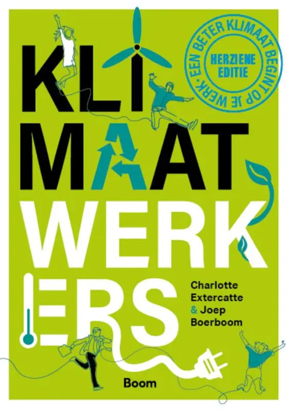 Limegroene boekcover van klimaatwerkers met zwart-witte tekst en turquoise illustraties over klimaat begint op het werk