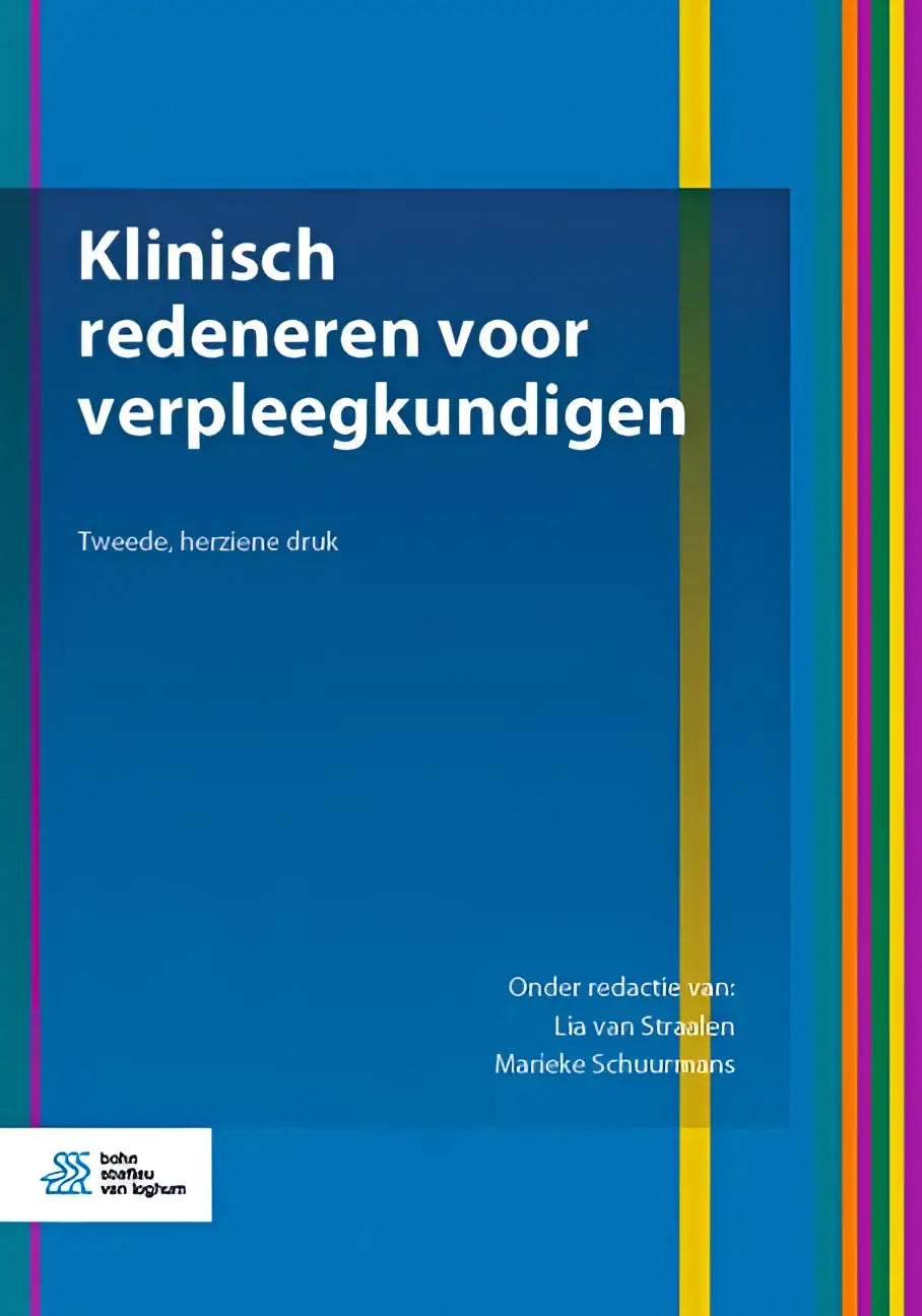 Blauw boek klinisch redeneren voor verpleegkundigen met verticale strepen geel groen roze paars bsl media