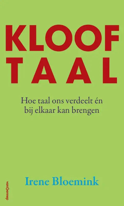 Limegroen boek klooftaal van irene bloemink met opvallende rode tekst en zwarte subtitel over taal en samenleving