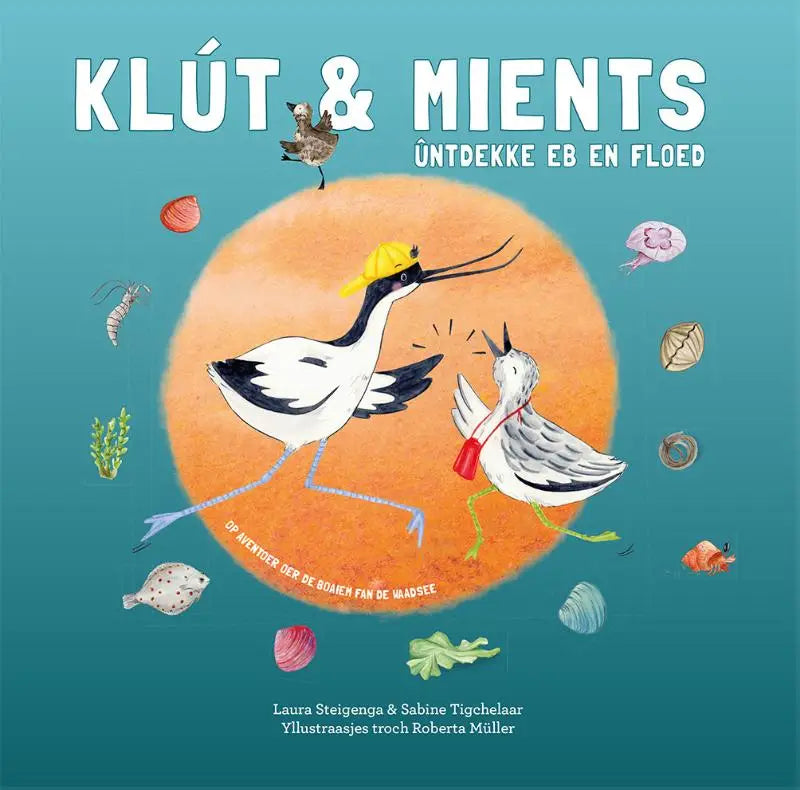 De voorkant van het kinderboek klút & mients ûntdekke eb en floed toont twee cartoonvogels, ideaal voor jonge lezers