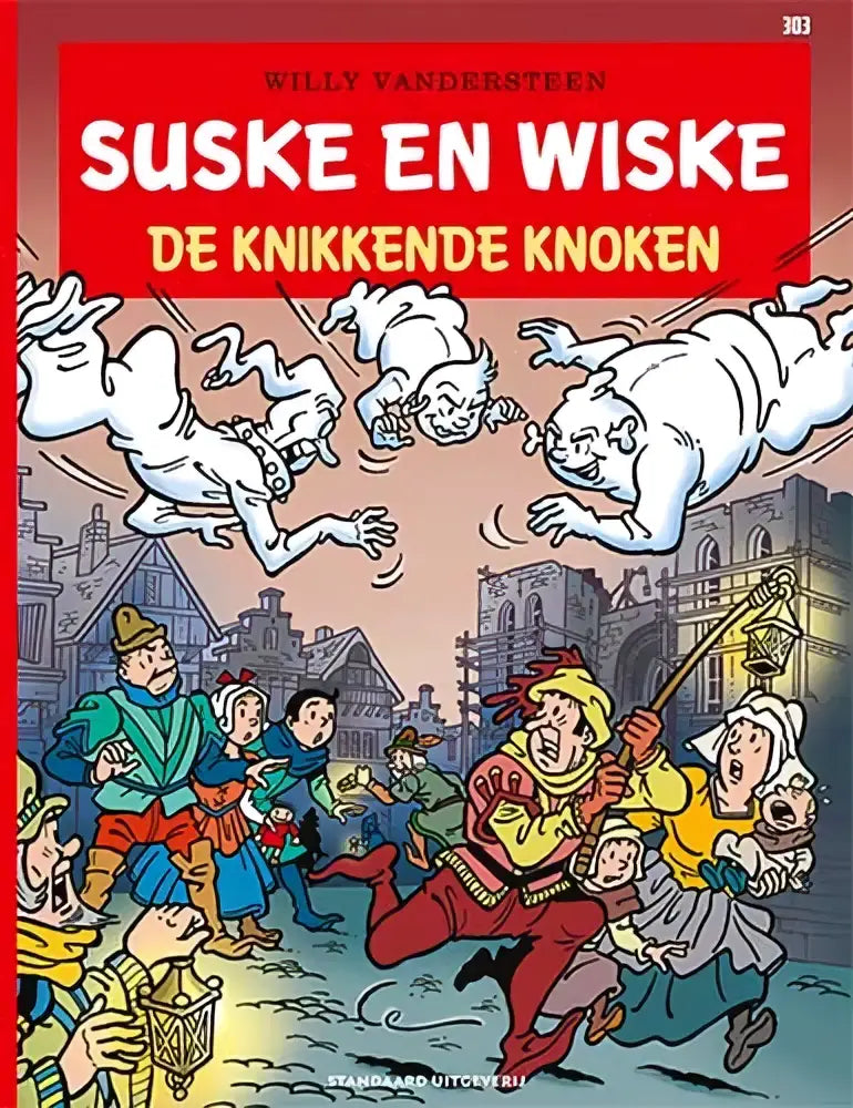 De knikkende knoken strip van willy vandersteen toont kleurrijke middeleeuwse personages en spookachtige figuren