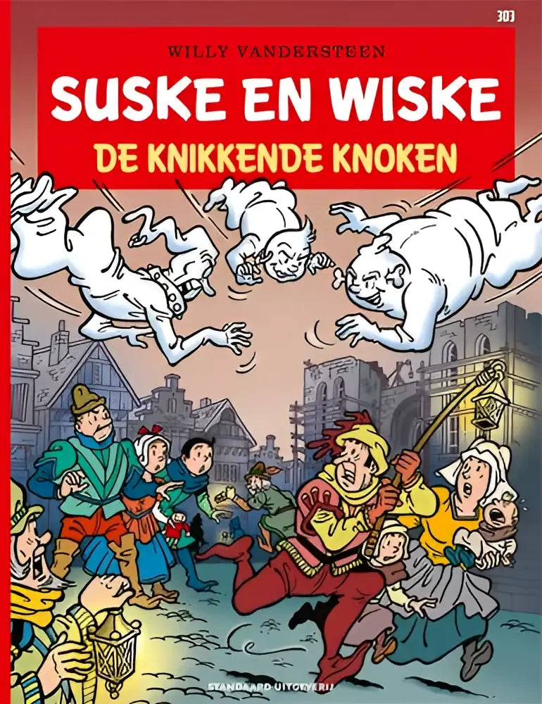 De cover van het stripboek suske en wiske de knikkende knoeken door willy vandersteen toont een levendige achtervolging met spookachtige figuren