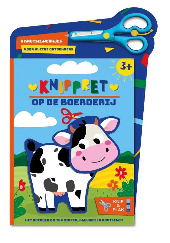 Blauwgele kinderen doe boek knippret op de boerderij met cartoonkoe voor jonge lezers 3 plus