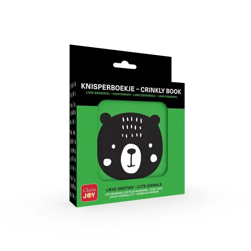 Groen knisperboekje lieve diertjes met zwarte berenkop en witte accenten in crinkly materiaal