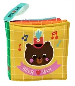 Yellow knisperboekje vol liefde met beer houdt van muziek voor jonge lezers met kleurrijke illustraties en stoffen handvat