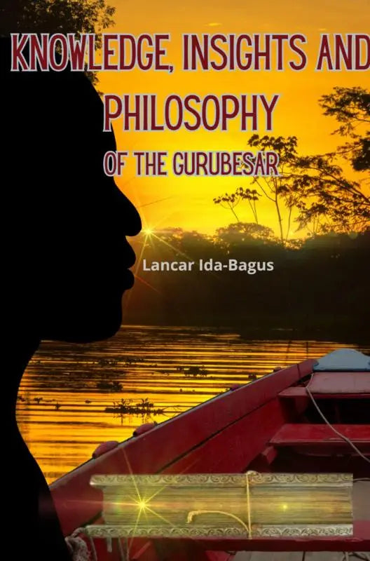Een gouden, rijkelijk bewerkte boek getiteld kennis, inzichten en filosofie van de Gurubesar rust op een rode boot