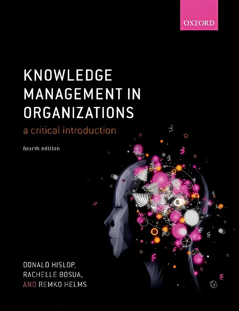 Black hardcover book knowledge management in organizations by donald hislop with colorful abstract human head silhouette