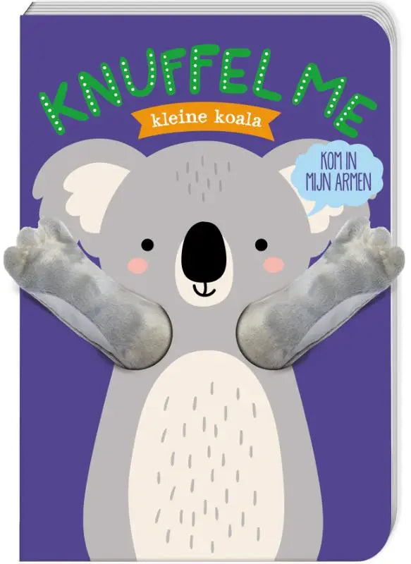 Zachte grijze plush kleine koala met witte accenten en roze wangen op paarse kaft van interactieve knuffelboeken voor jonge lezers