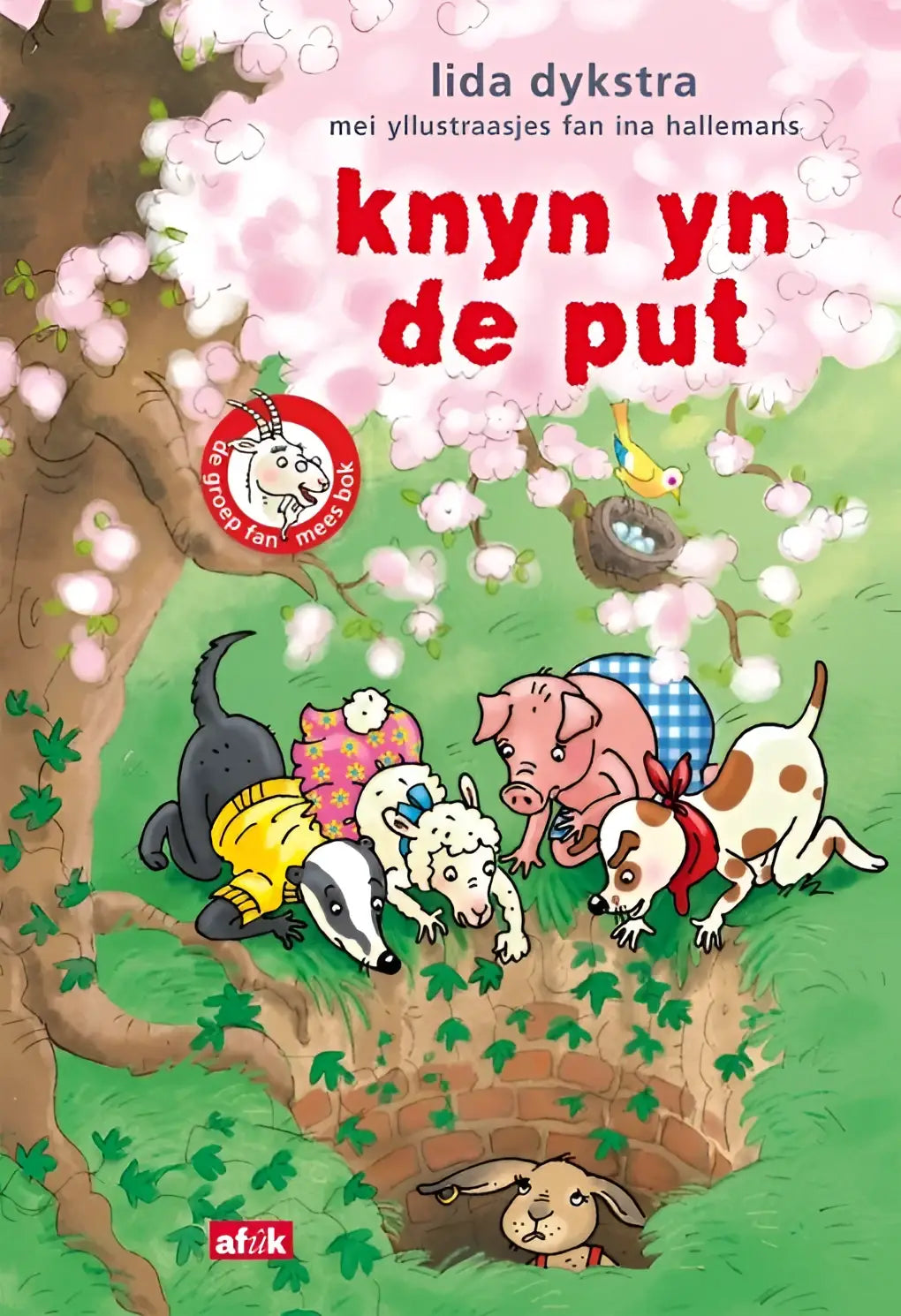 De kleurrijke kinderboek cover van knyn yn de put door lida dykstra toont een groep fan mees bij een boom