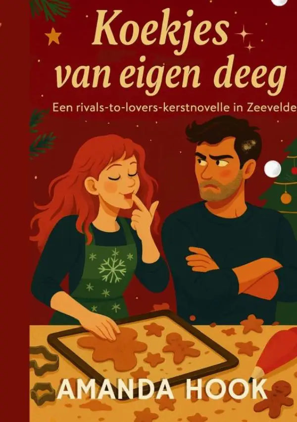 Een feestelijk rood boekomslag van koekjes van eigen deeg met een illustratie van een koppel in een gezellig keukenscène voor een rivals to lovers kerst novelle