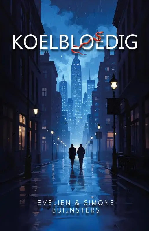 De boekcover van koelbloedig door evelien en simone buijnsters toont een blauw getinte stadsgezicht met silhouetten en lantaarns