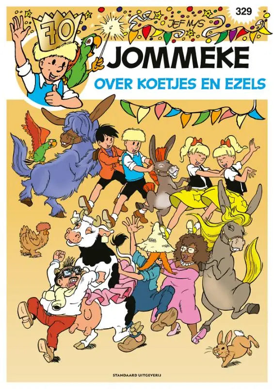 Vibrante cartoonboekcover over koetjes en ezels met kleurrijke personages door ann smet en kristof berte informatieve strips