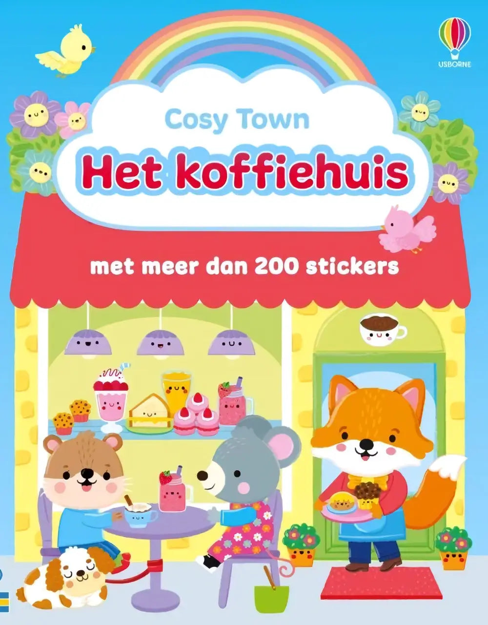 De cover van het kinderstickerboek cosy town het koffiehuis toont een kleurrijke illustratie van dieren in een café door lesley sims bij usborne publishers
