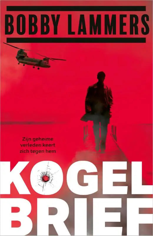 Rode boekcover kogelbrief met silhouette van man en vliegtuig symboliseert geheime verleden keert zich tegen hem