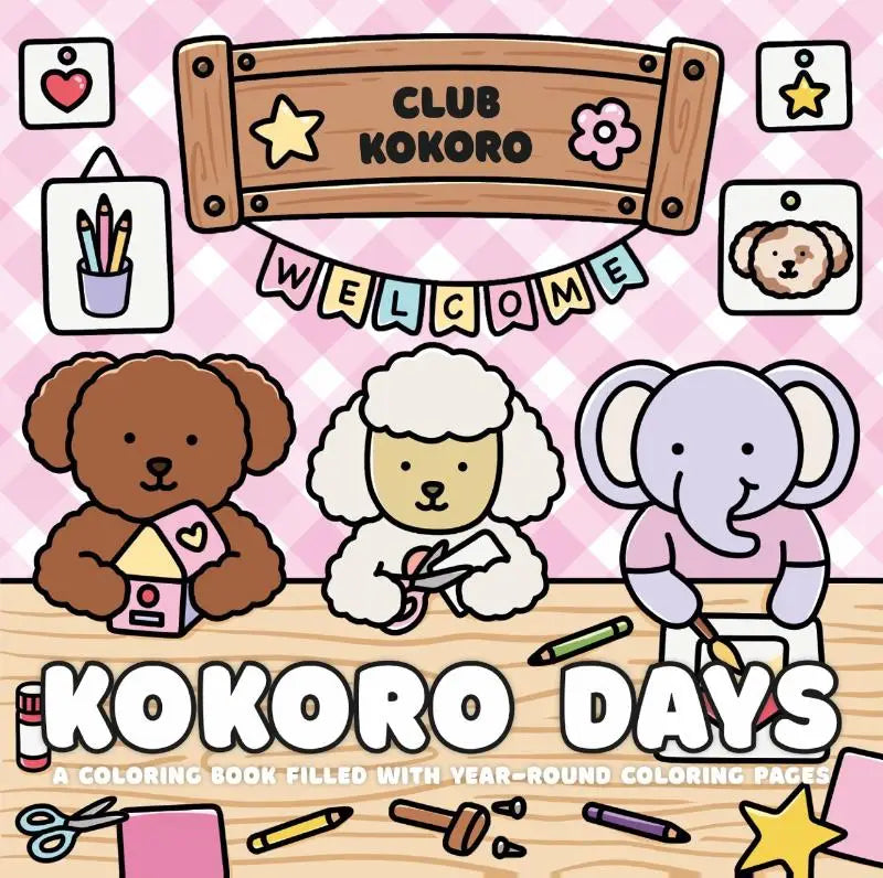 Houten bord met zwarte tekst club kokoro versierd met gele ster en roze bloem voor kokoro days kleurboek