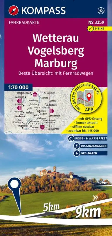 KOMPASS Fahrradkarte 3359 Wetterau, Vogelsberg, Marburg 1:70.000 - reiß- und wetterfest