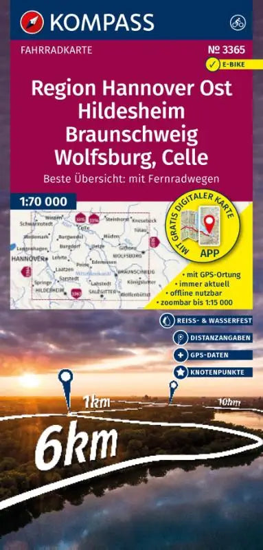 KOMPASS Fahrradkarte 3365 Region Hannover Ost, Hildesheim, Braunschweig, Wolfsburg, Celle, mit Knotenpunkten 1:70.000 - reiß- und wetterfest