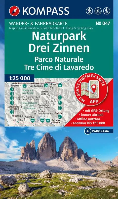 KOMPASS Wanderkarte 047 Naturpark Drei Zinnen, Parco Naturale Tre Cime di Lavaredo 1:25.000 - Wander- und Fahrradkarte in einem - inklusive Offline-Verwendung in der KOMPASS-App. Wander-& Radwege. Panorama. Skitouren.
