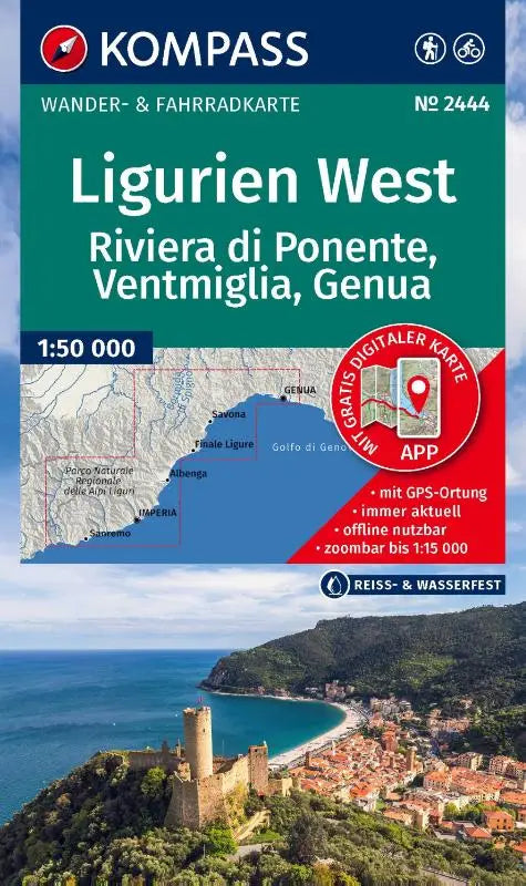KOMPASS Wanderkarte 2444 Ligurien West - Riviera di Ponente, Ventimiglia bis Genua 1:60.000 - Wander- und Fahrradkarte in einem - inklusive Offline-Verwendung in der KOMPASS-App. Wander-& Radwege.