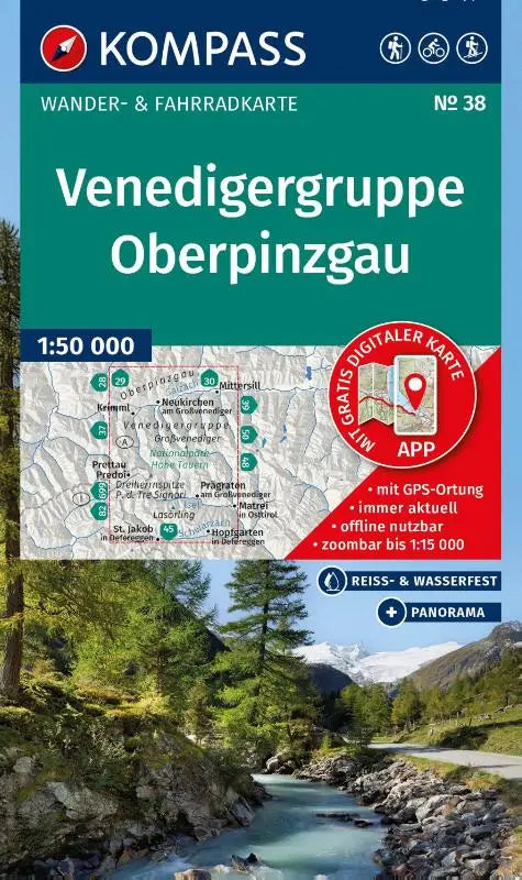 KOMPASS Wanderkarte 38 Venedigergruppe, Oberpinzgau 1:50.000 - Wander- und Fahrradkarte in einem - inklusive Offline-Verwendung in der KOMPASS-App. Wander-& Radwege. Panorama. Skitouren.
