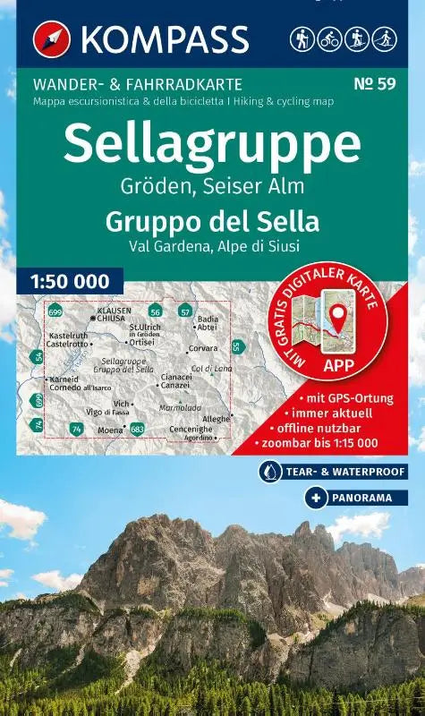 KOMPASS Wanderkarte 59 Sellagruppe, Gröden, Seiser Alm / Gruppo del Sella, Val Gardena, Alpe di Siusi 1:50.000 - Wander- und Fahrradkarte in einem - inklusive Offline-Verwendung in der KOMPASS-App. Wander-& Radwege. Panorama. Skitouren. Langlaufen.