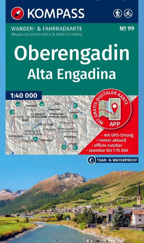 KOMPASS Wanderkarte 99 Oberengadin / Alta Engadina 1:40.000 - Wanderkarte - inklusive Offline-Verwendung in der KOMPASS-App. Wanderwege.