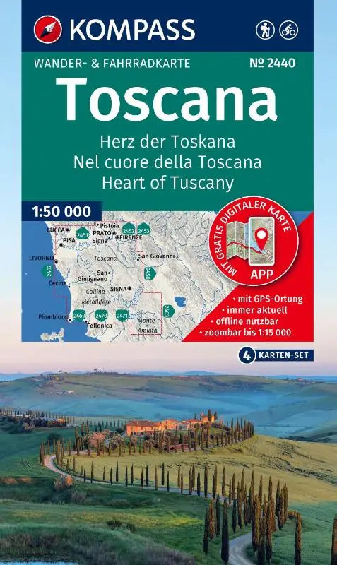 KOMPASS Wanderkarten-Set 2440 Toscana, Herz der Toskana, Nel cuore della Toscana, Heart of Tuscany (4 Karten) 1:50.000 - inklusive Karte zur offline Verwendung in der KOMPASS-App. Fahrradfahren.
