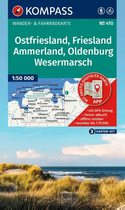 KOMPASS Wanderkarten-Set 410 Ostfriesland, Friesland, Ammerland, Oldenburg, Wesermarsch (3 Karten) 1:50.000 - inklusive Karte zur offline Verwendung in der KOMPASS-App. Fahrradfahren.