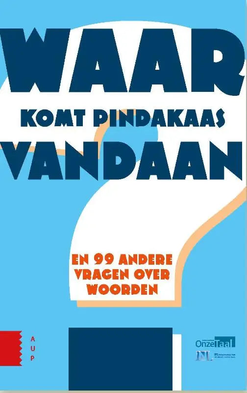 Blauw-witte poster waar komt pindakaas vandaan met oranje tekst over andere vragen over woorden