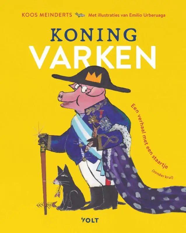 Een kleurrijke kinderboek cover met koning varken in blauwwit uniform en zwarte hoed voor jonge lezers