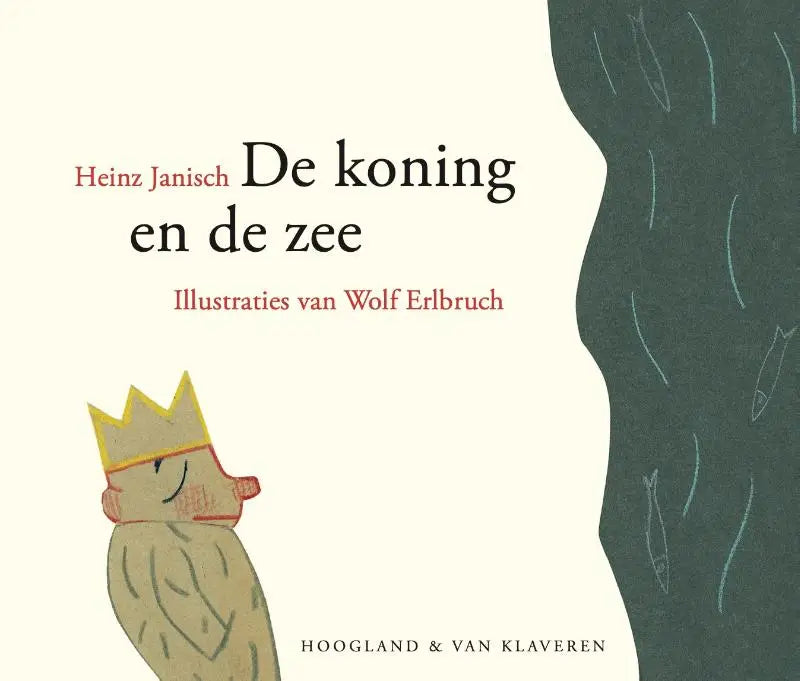 Een geïllustreerd kinderboek de koning en de zee met een cartoon koning en beige textuur voor jonge lezers