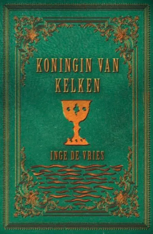 Groen leren boek koningin van kelken met goud embossing en centrale kelkillustratie op de omslag