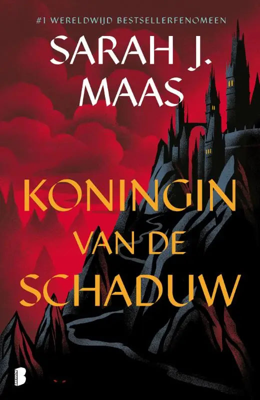 De kaft van koningin van de schaduw toont een donkere gotische kasteel silhouet tegen een dramatische rode lucht