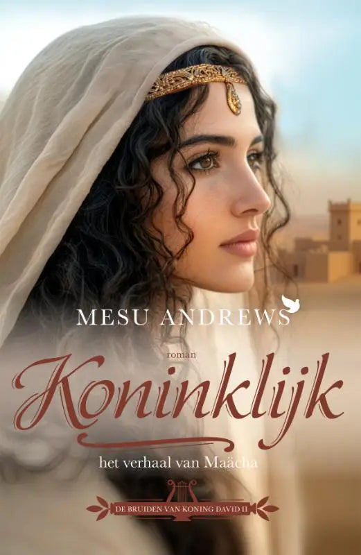 De cover van koninklijk toont een vrouw met donker golvend haar en een sierlijke gouden hoofdband met een off-white sluier