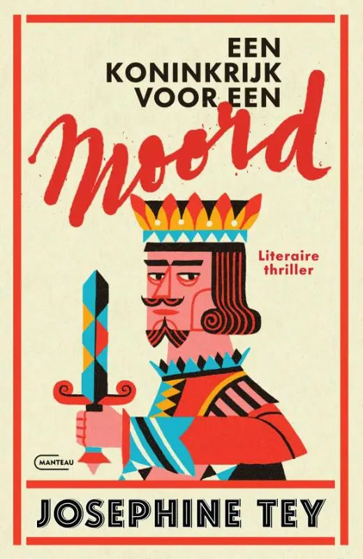 Een gestileerde illustratie van een koning met kroon en zwaard in gedurfde kleuren passend bij een koninkrijk en moord thema