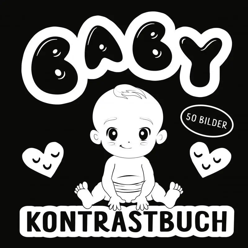 Zwart-wit illustratie van ein baby buch met cartoon baby en lachende harten als perfektes geschenk zur geburt
