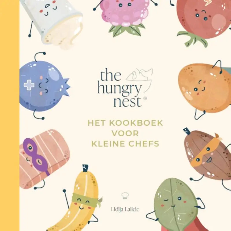 Het kookboek voor kleine chefs is een vrolijk geïllustreerd kinderboek met cartoon groenten en fruit in zachte pastelkleuren voor jonge lezers