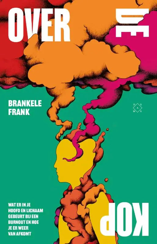 Vibrante cover van graphic novel over de kop met gele silhouet en oranje magenta rook, literaire non-fictie van brankele frank