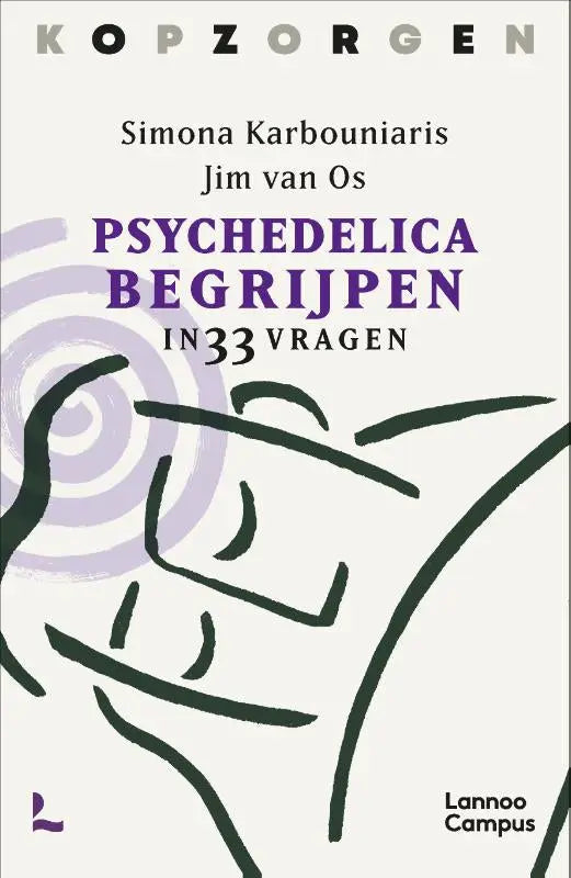 Boekcover psychedelica begrijpen in 33 vragen met abstracte zwarte lijntekeningen en paarse cirkels op offwhite achtergrond