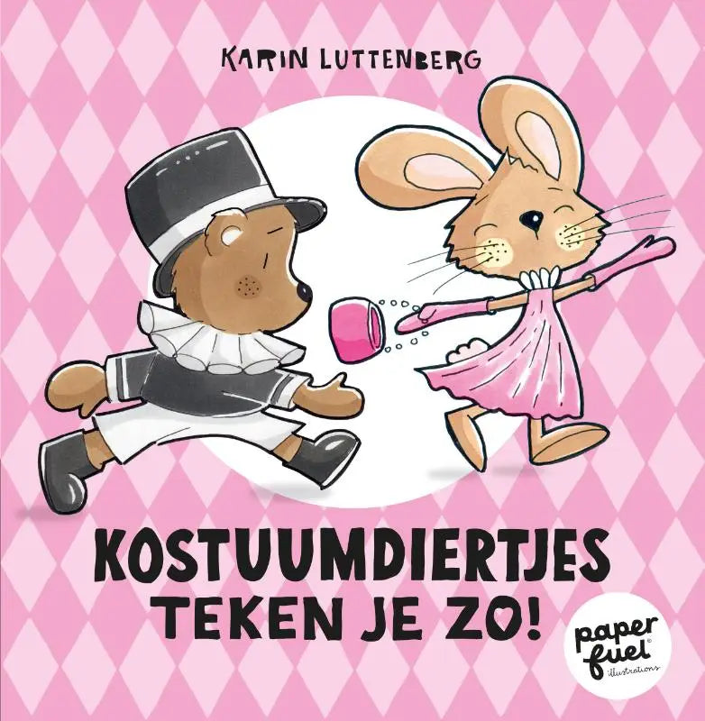 Illustratie van een muis in jurk die een roze kopje met bijpassende roze handgreep vasthoudt uit kostuumdiertjes teken