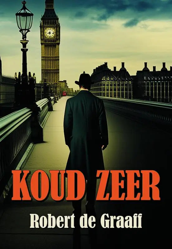 Een man in een donker Koud-zeer jas en zwarte hoed staat op een brug met de big ben op de achtergrond