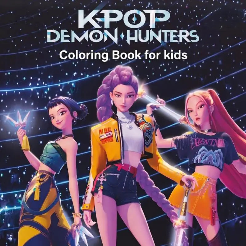 Kpop demon hunters coloring book for kids featuring three vibrant animated female characters against a starry cosmic backdrop