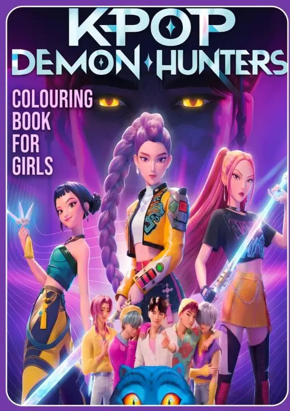 Kpop demon hunters colouring book for girls with vibrant anime-style characters against a purple neon backdrop