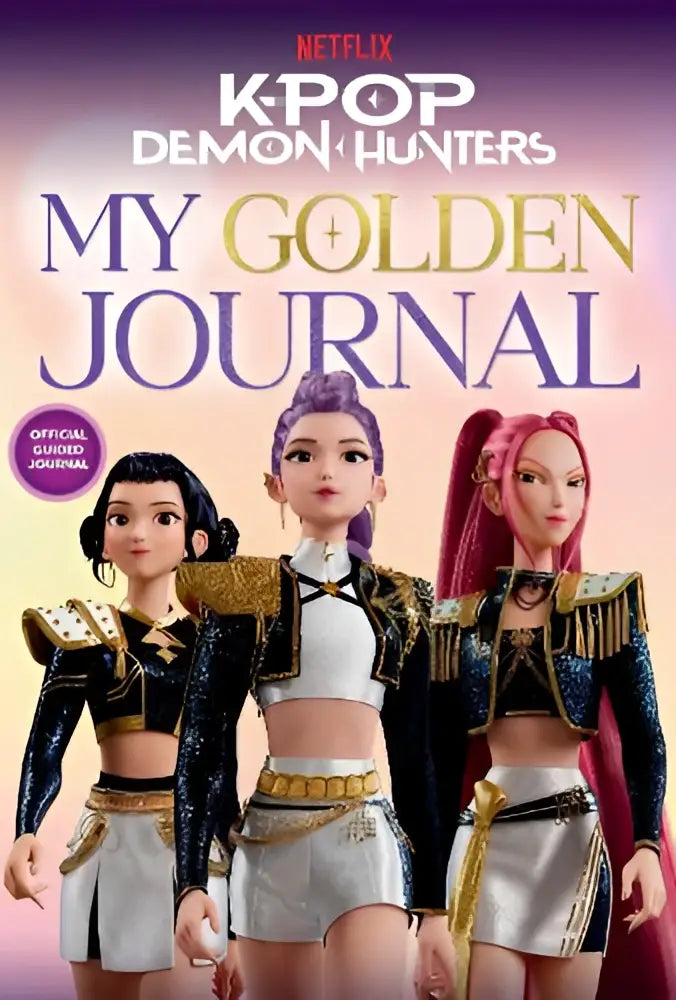My golden journal een officieel begeleidende gids voor Netflix kpop demon hunters met drie personages in goud en zwart