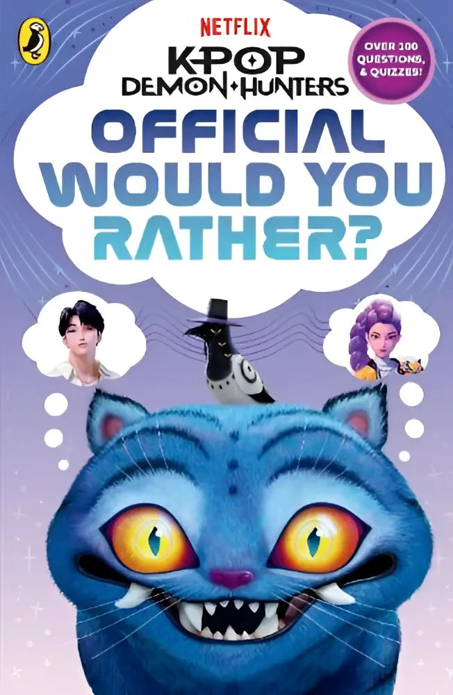 Blauwe cartoon kat met gele ogen en scherpe tanden op de cover van kpop demon hunters official would you rather boek