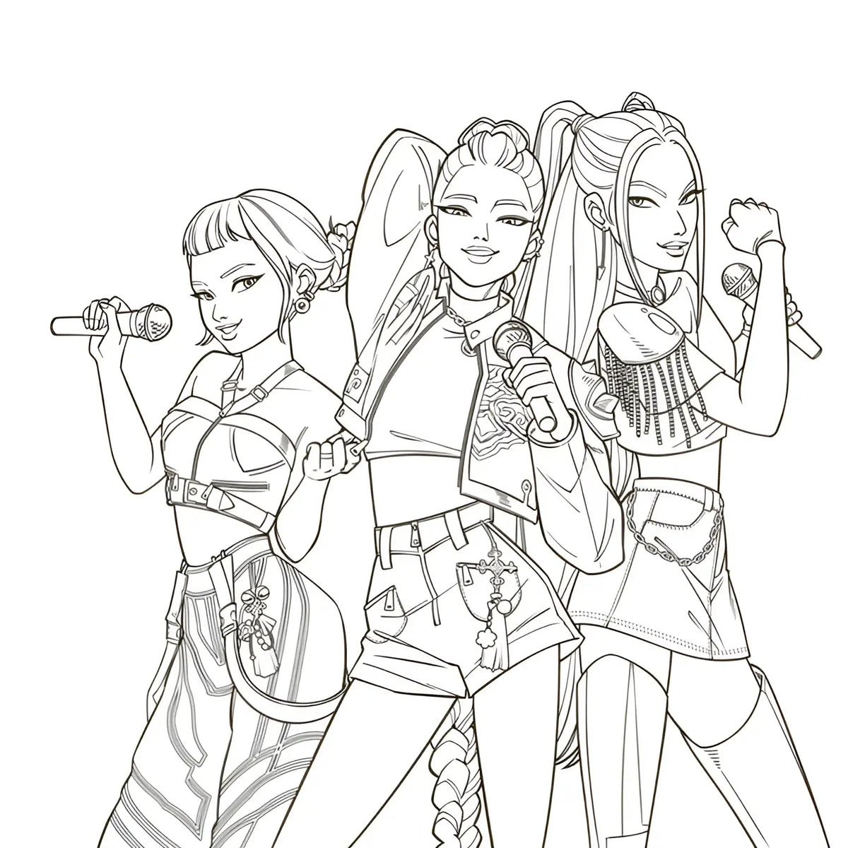 Line art illustratie van drie stylized vrouwelijke popidolen in trendy streetwear met microfoons voor kpop demon hunters deluxe kleurboek