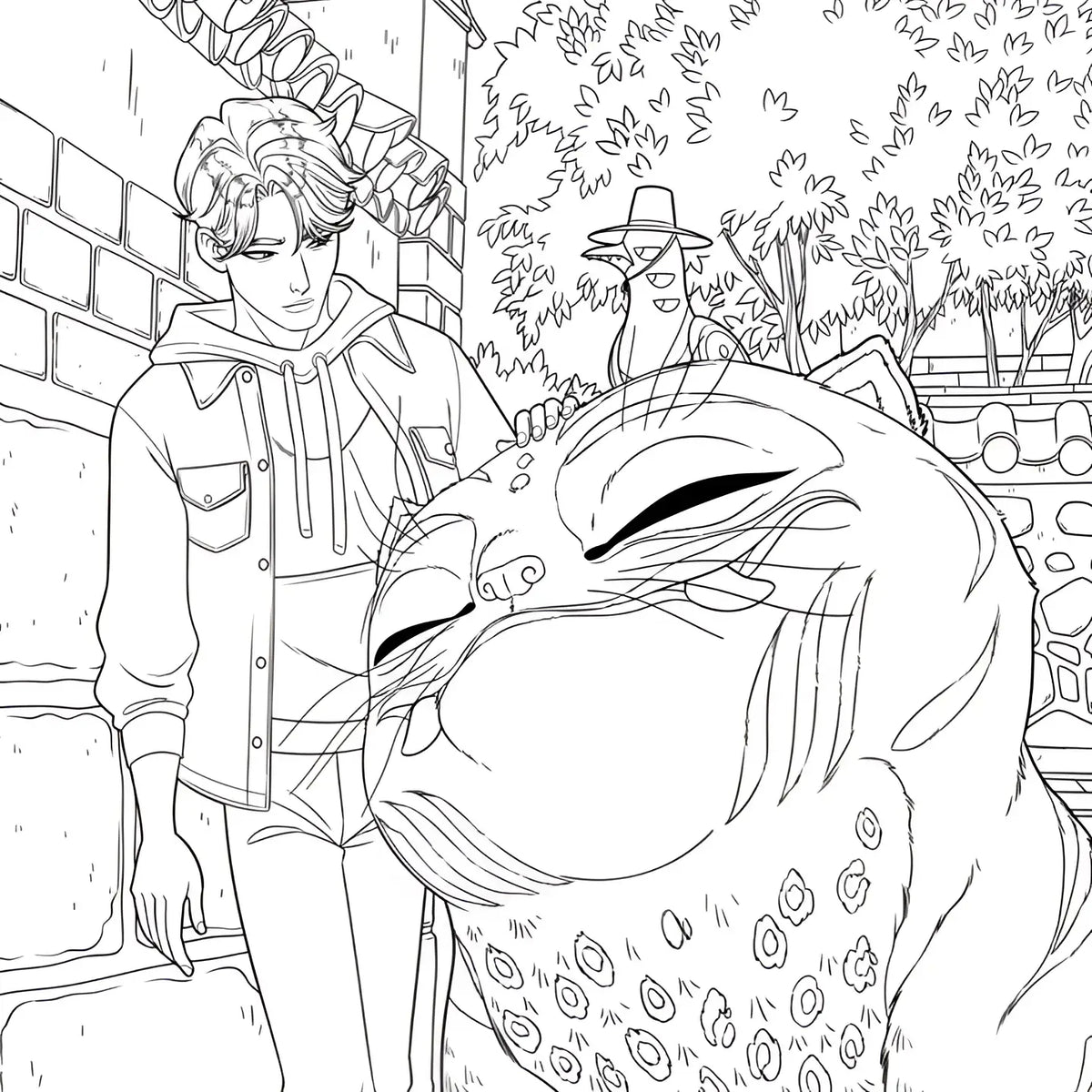 Zwarte-witte lijntekening van cartoonkat met gesloten ogen en patroonvest in kpop demon hunters deluxe kleurboek nederlandstalig kinderboek