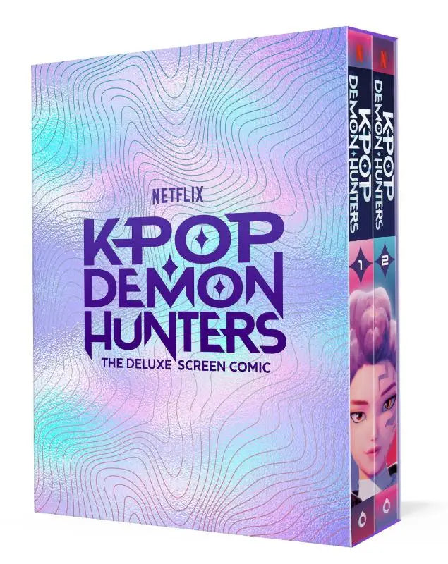De deluxe screen comic box set kpop demon hunters heeft een holografische iriserende hoes met paarse letters